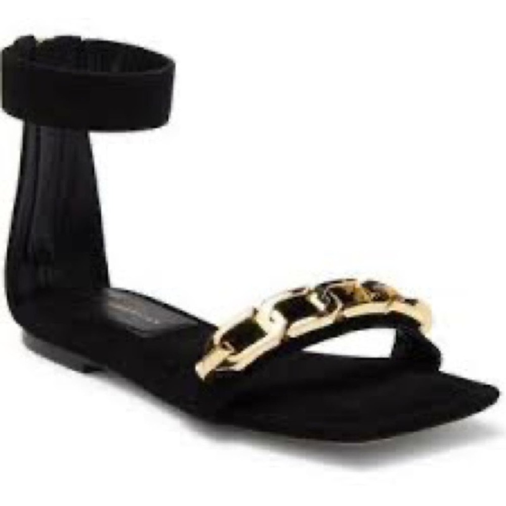 Good American Black Suede Square Toe Gold Chain Ankle Strap Sandal Size 7.5